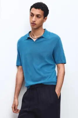 Polo Regular Fit en soie mélangée - Bleu — photo 4