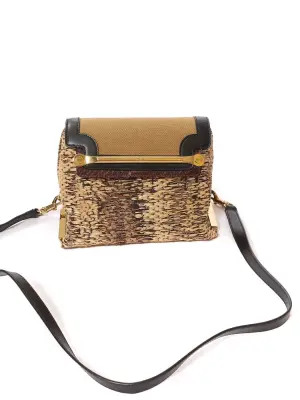 Sac CLARE en cuir noir, tissu marron et raffia beige chaîne bandoulière dorée Prix boutique 2250€ — photo 4