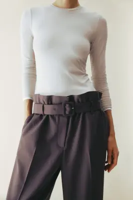 Pantalon en laine mélangée avec ceinture - Violet ancien — photo 2
