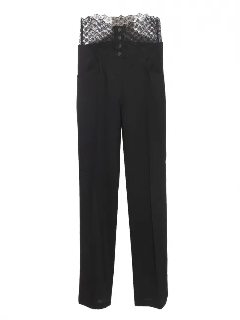 Pantalon droit en laine noir ceinture dentelle de calais Prix boutique 2500€ Taille 34