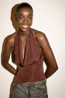 Top asymétrique à encolure bénitier - Marron foncé — photo 2