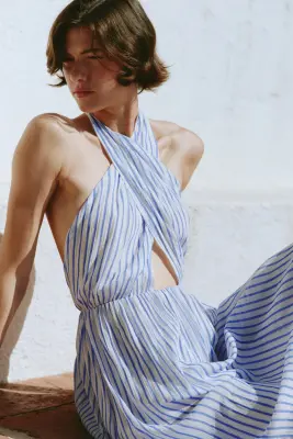 Robe dos nu avec ceinture - Bleu/rayé — photo 3
