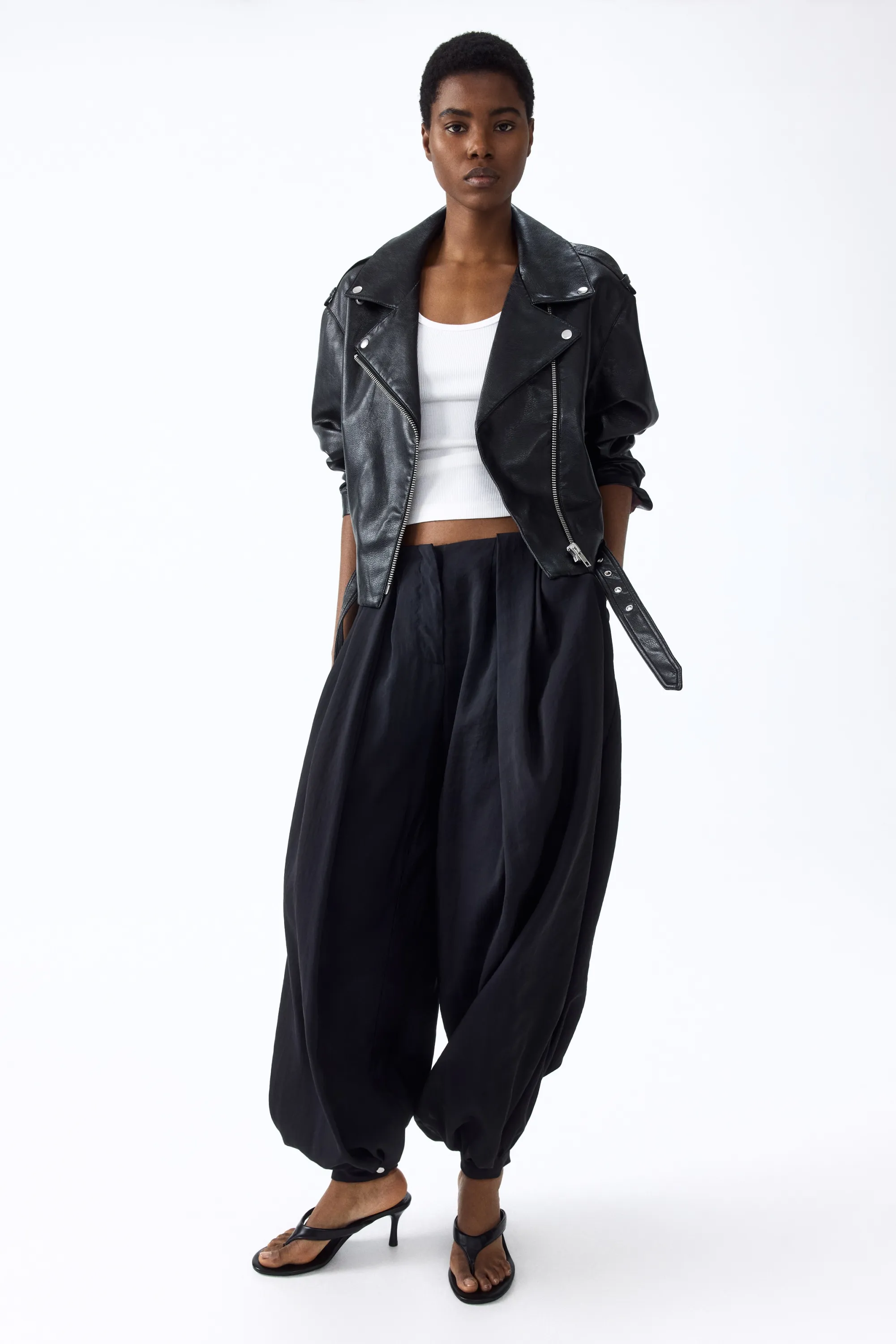 Veste de style motard en tissu enduit - Noir