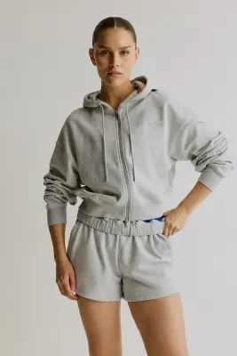 Veste de sport courte avec capuche et zip - Gris clair chiné — photo 2
