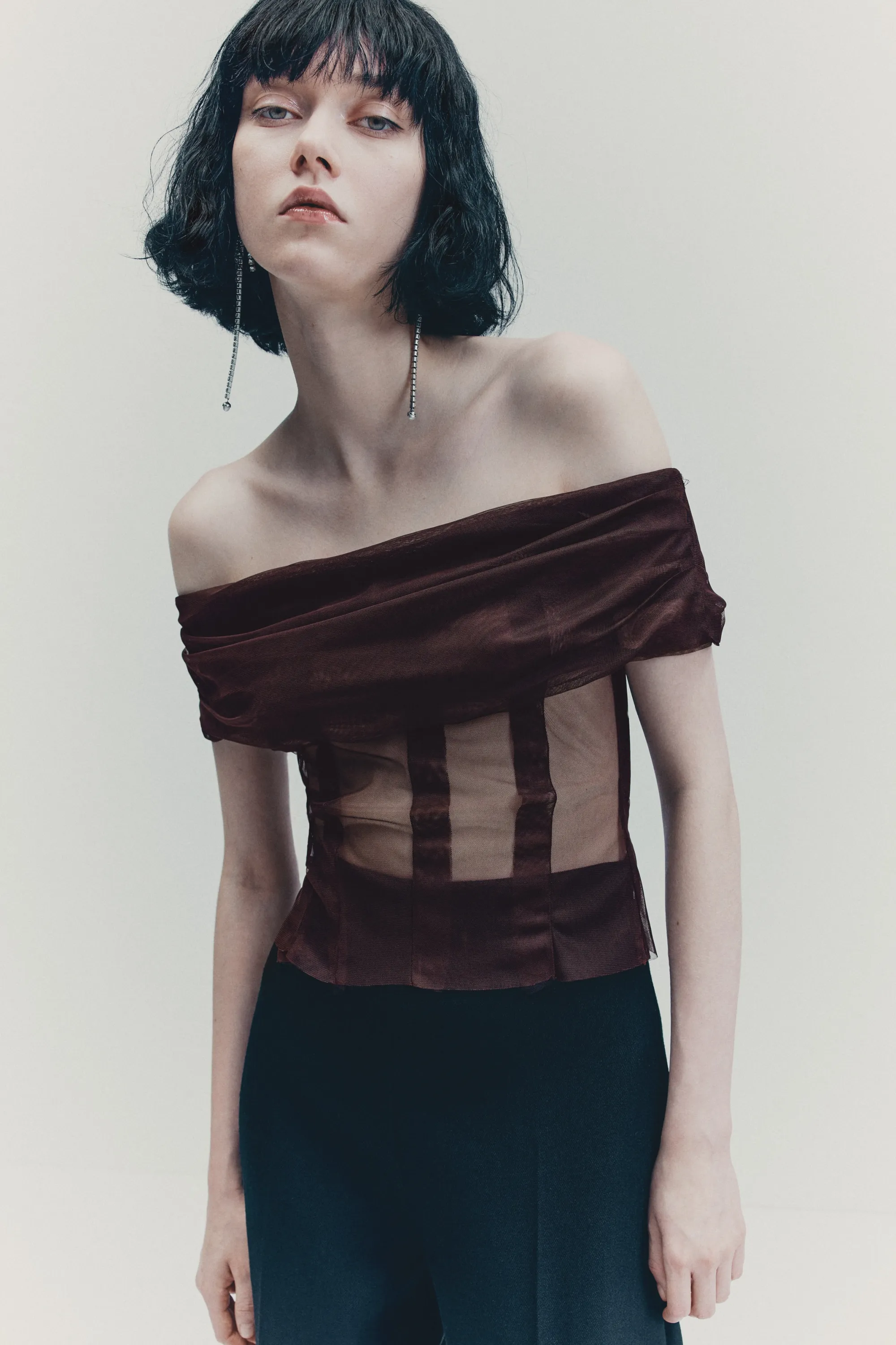Top épaules nues en mesh - Bordeaux