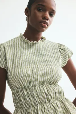 Blouse à manches bouffantes - Vert kaki clair/carreaux — photo 1