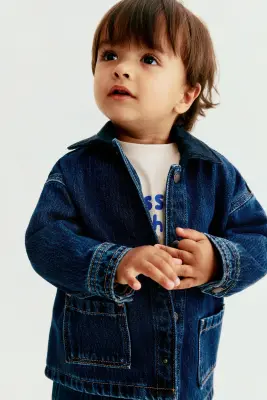 Veste en denim avec col en velours côtelé - Bleu denim foncé — photo 1