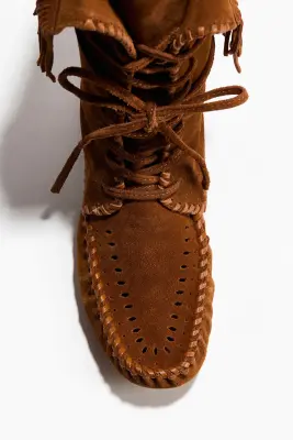 Bottes frangées en cuir velours - Marron — photo 2