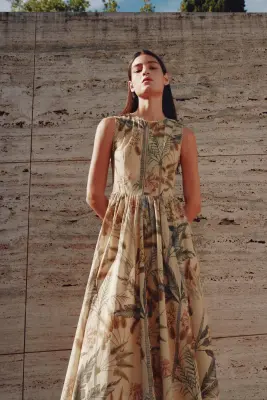 Robe en coton avec dentelle - Beige/plantes — photo 1