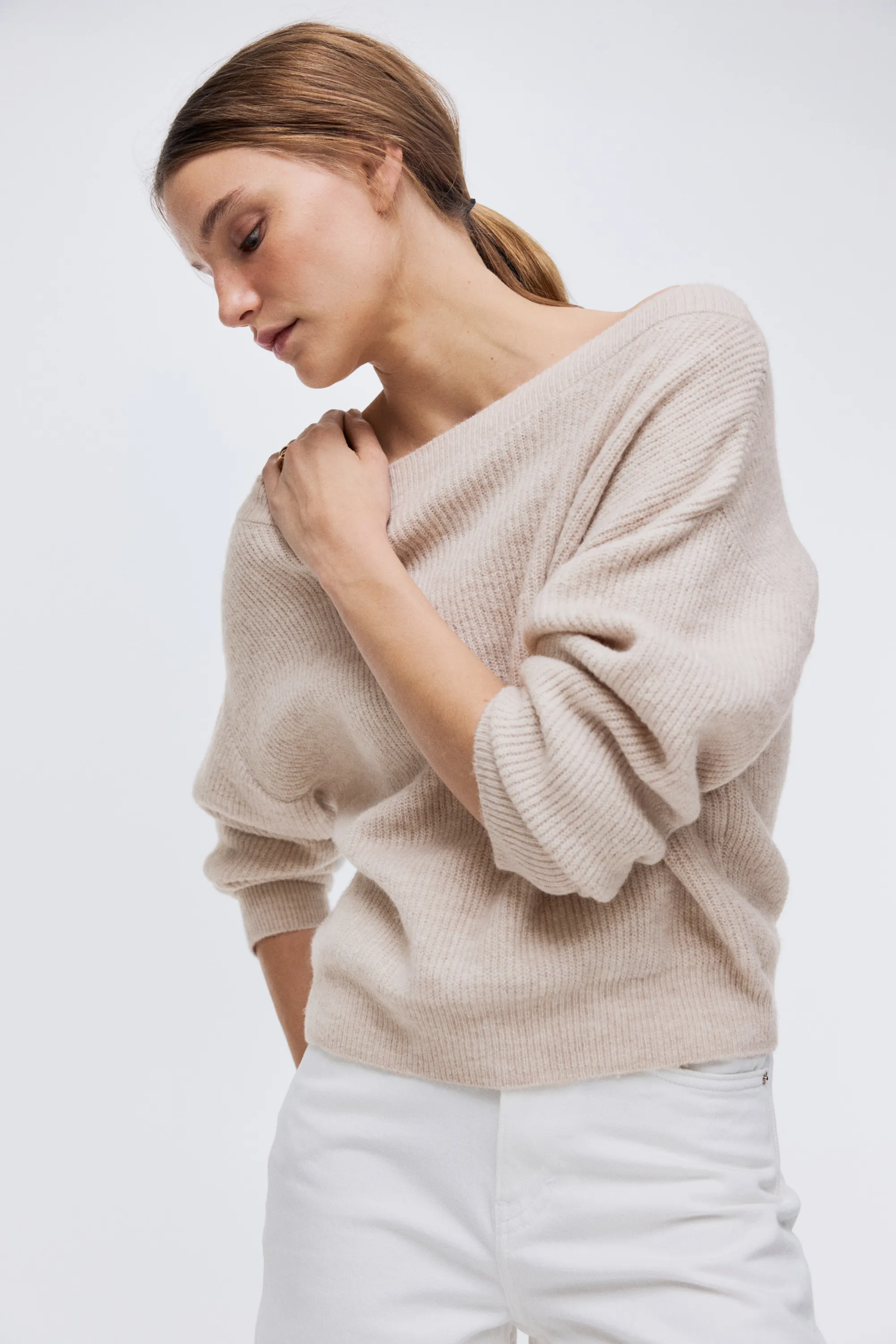 Pull oversize à encolure bateau - Beige clair chiné