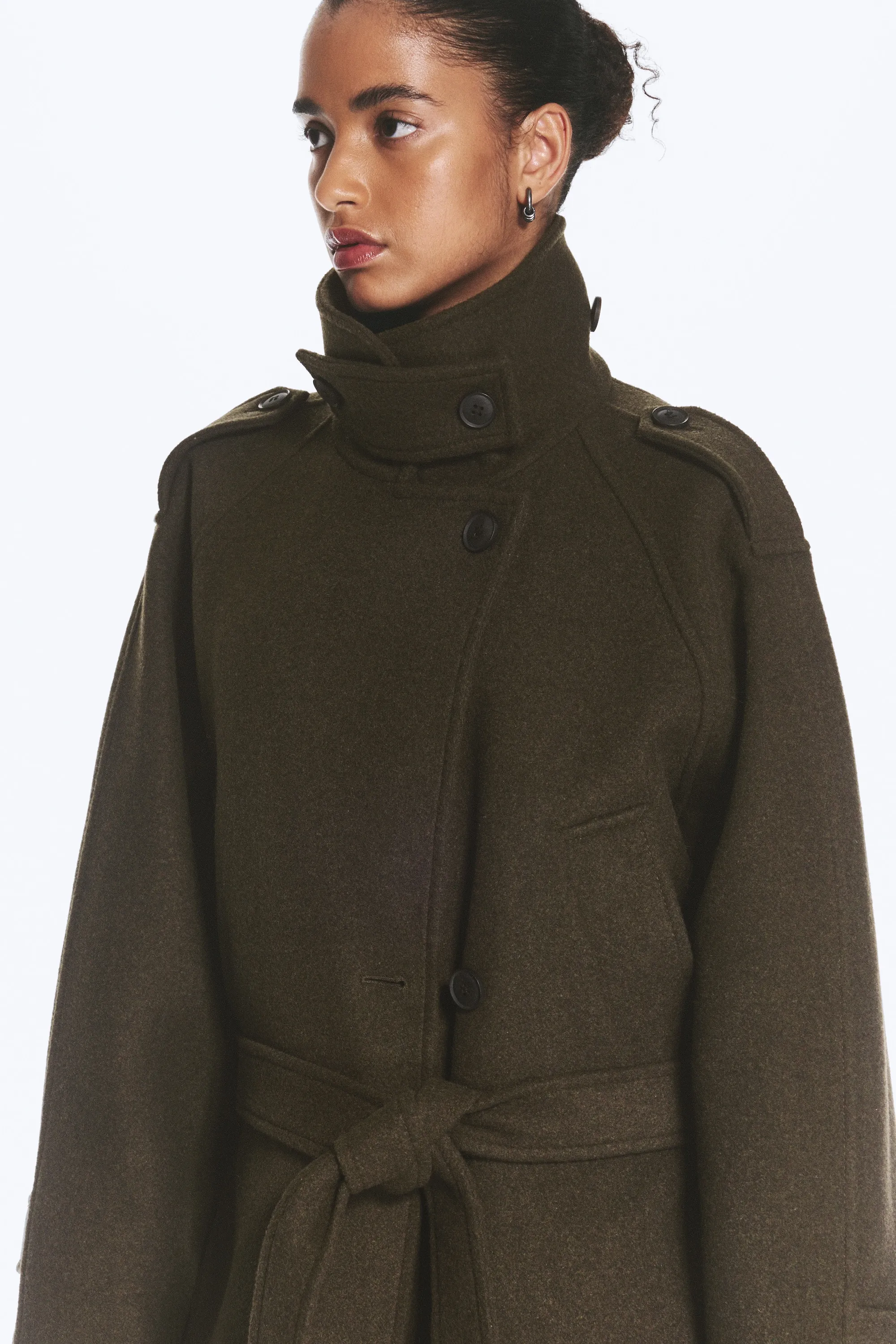 Manteau croisé ceinturé en mélange de laine - Vert kaki foncé