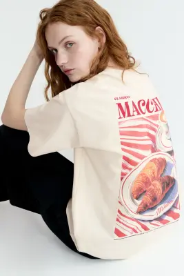 T-shirt oversize avec motif imprimé - Beige clair/Macchiato — photo 3