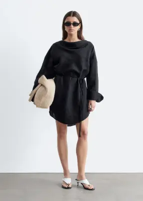 Robe courte à col bénitier en lin - Noir — photo 1