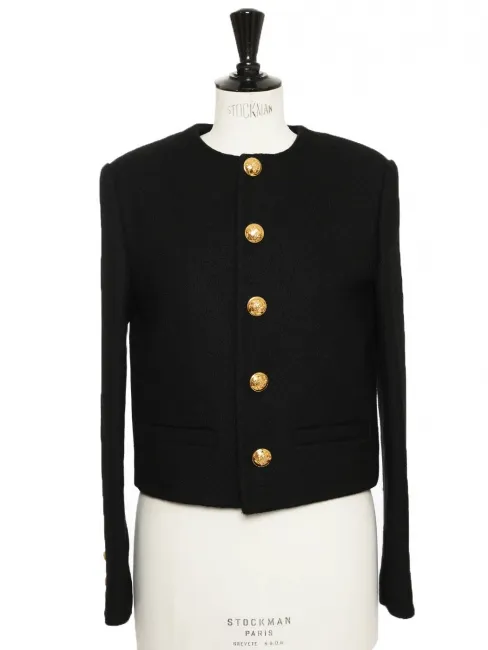 Veste courte en laine épaisse noire boutons laiton doré gravé Prix boutique €2800 Taille 38