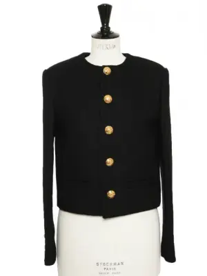 Veste courte en laine épaisse noire boutons laiton doré gravé Prix boutique €2800 Taille 38 — photo 1