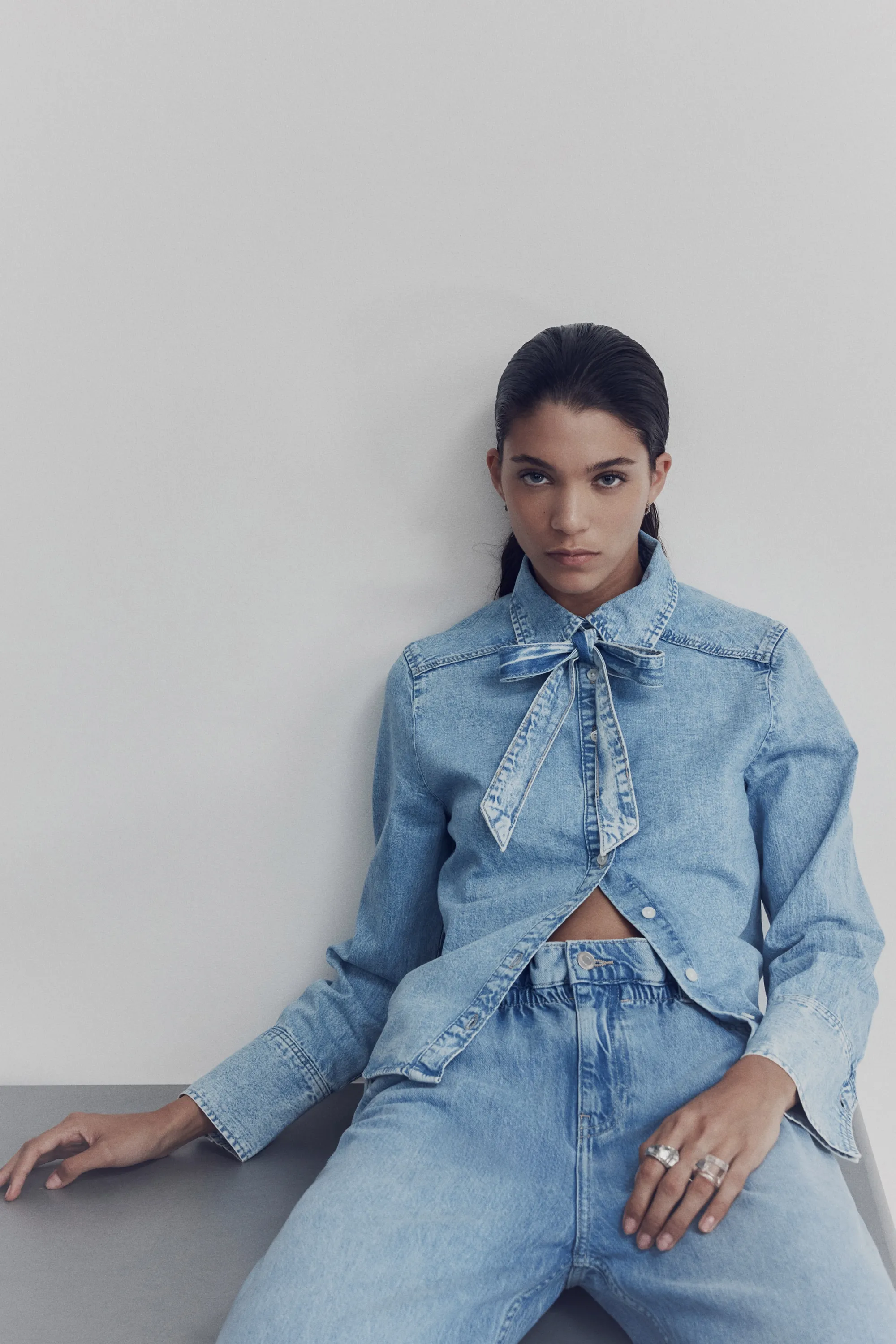 Jean paper bag avec ceinture - Bleu denim clair