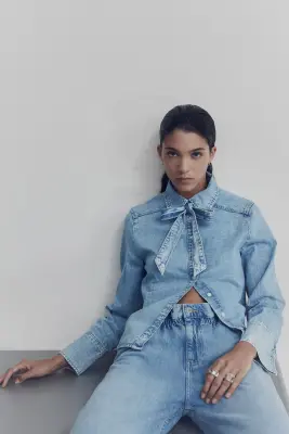 Jean paper bag avec ceinture - Bleu denim clair — photo 1