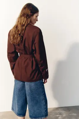 Veste avec broderie anglaise et ceinture à nouer - Marron foncé — photo 3