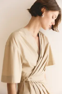 Robe portefeuille midi - Beige — photo 2