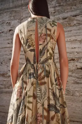 Robe en coton avec dentelle - Beige/plantes — photo 2