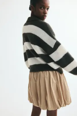 Pull façon polo en maille côtelée - Crème/rayures vert foncé — photo 3