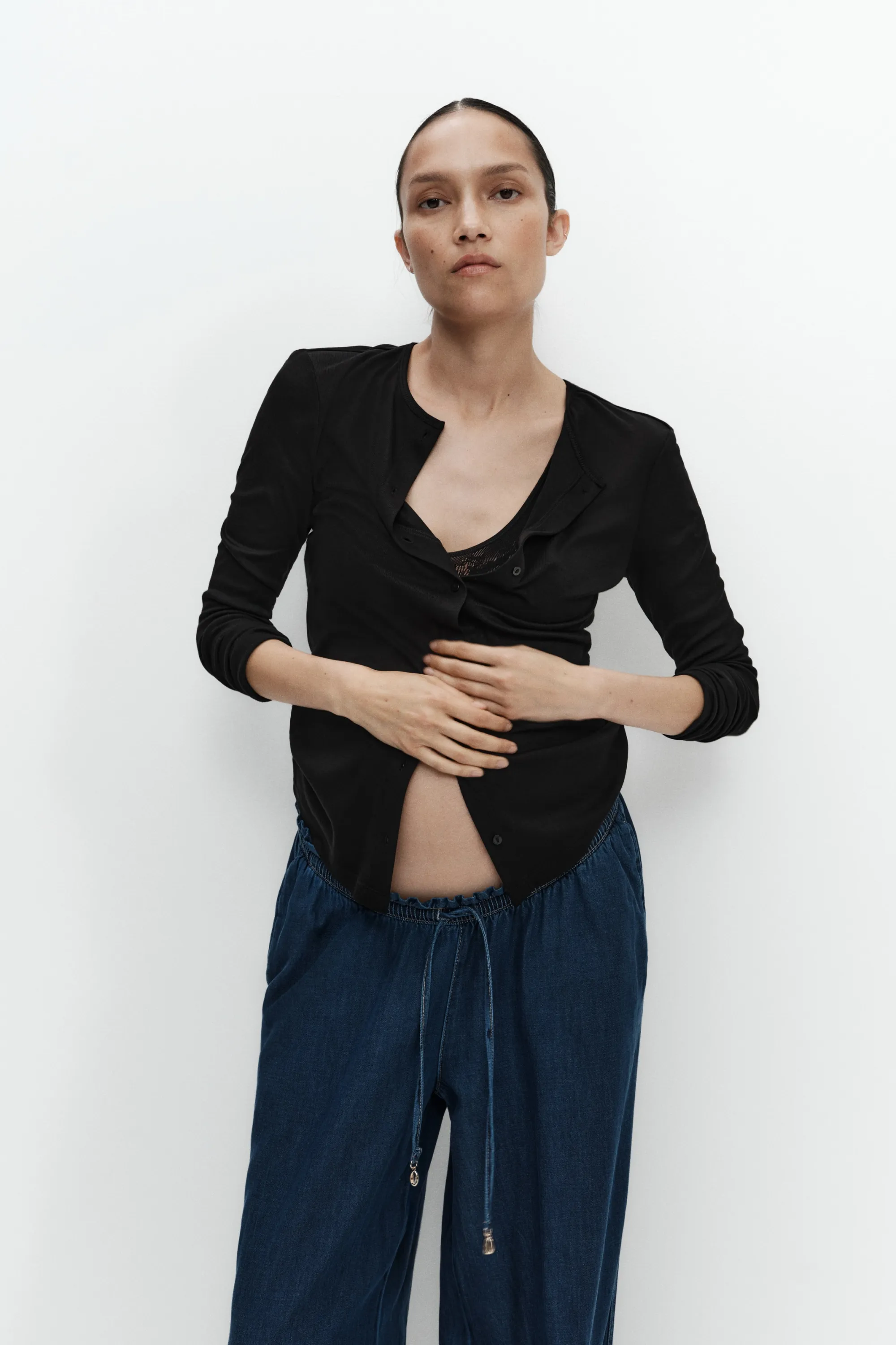 MAMA Pantalon paper bag à jambes larges - Bleu denim foncé