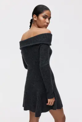 Robe épaules nues en maille côtelée - Gris foncé chiné — photo 2