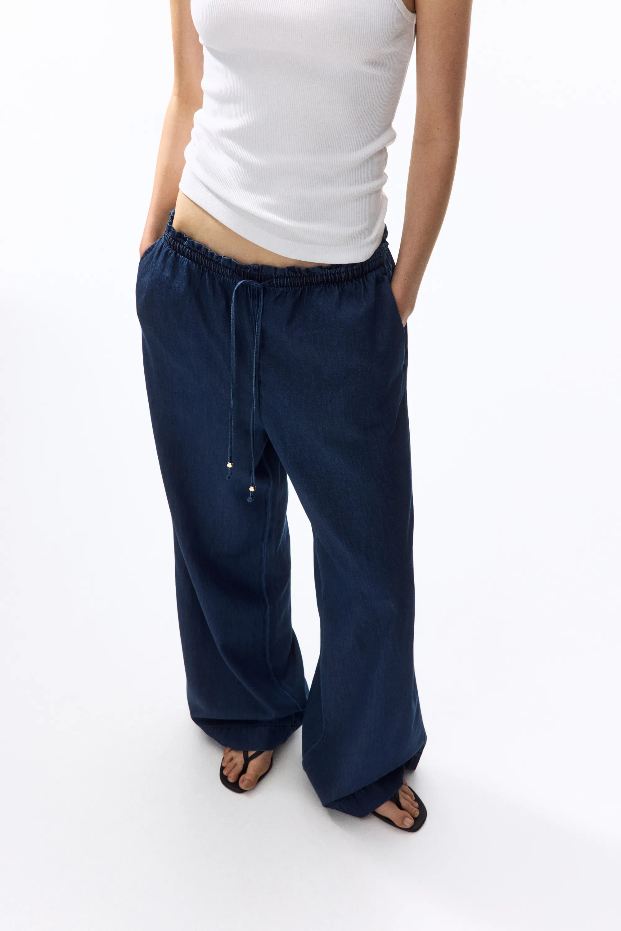 Pantalon paper bag à jambes larges - Bleu denim foncé