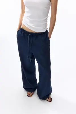 Pantalon paper bag à jambes larges - Bleu denim foncé — photo 1