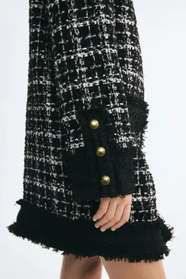 Robe à boutons en tissu bouclette - Noir/carreaux — photo 3