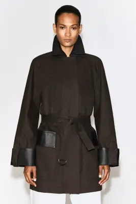 MANTEAU DE CAMPAGNE EN COTON BORDÉ DE CUIR - BRUN — photo 2