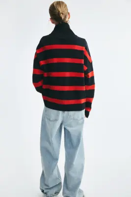Pull à col zippé - Bleu marine/rayé — photo 8