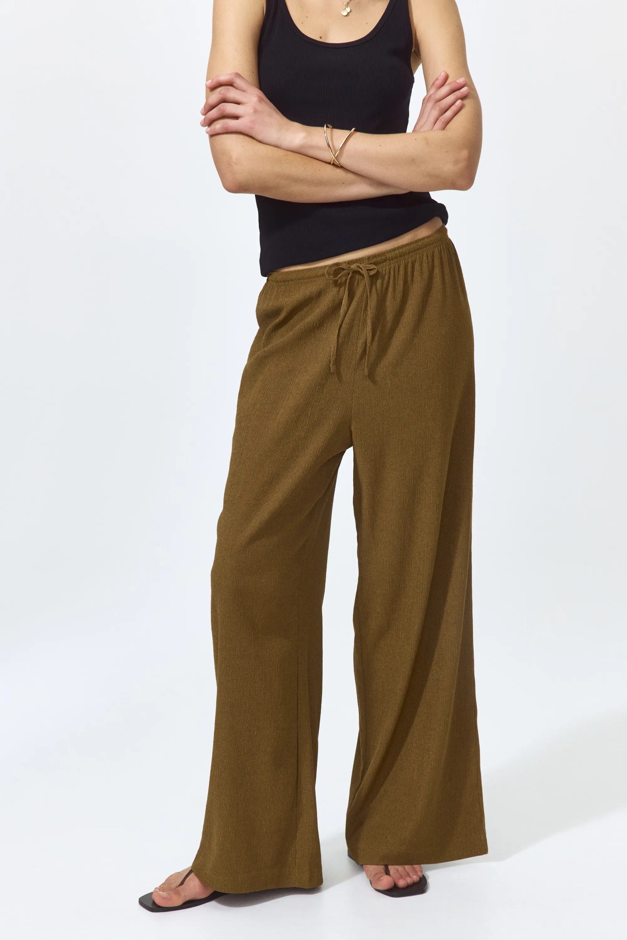 Pantalon large avec taille élastique - Vert kaki foncé