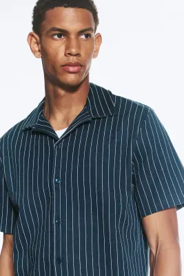 Chemise texturée à manches courtes - Bleu foncé rayé — photo 1