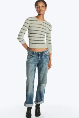 Pull ajusté en maille à col en V - Gris clair rayé — photo 1
