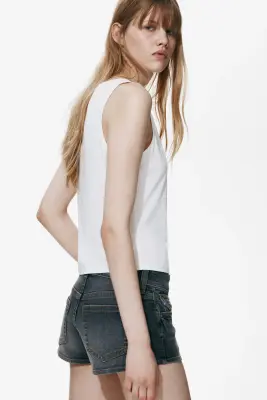 Mini short taille basse en denim - Gris denim — photo 3