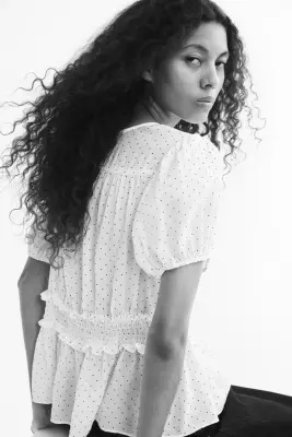 Blouse péplum à manches bouffantes - Crème/pois — photo 2