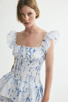 Robe à taille smockée - Blanc/bleu/fleuri — photo 2