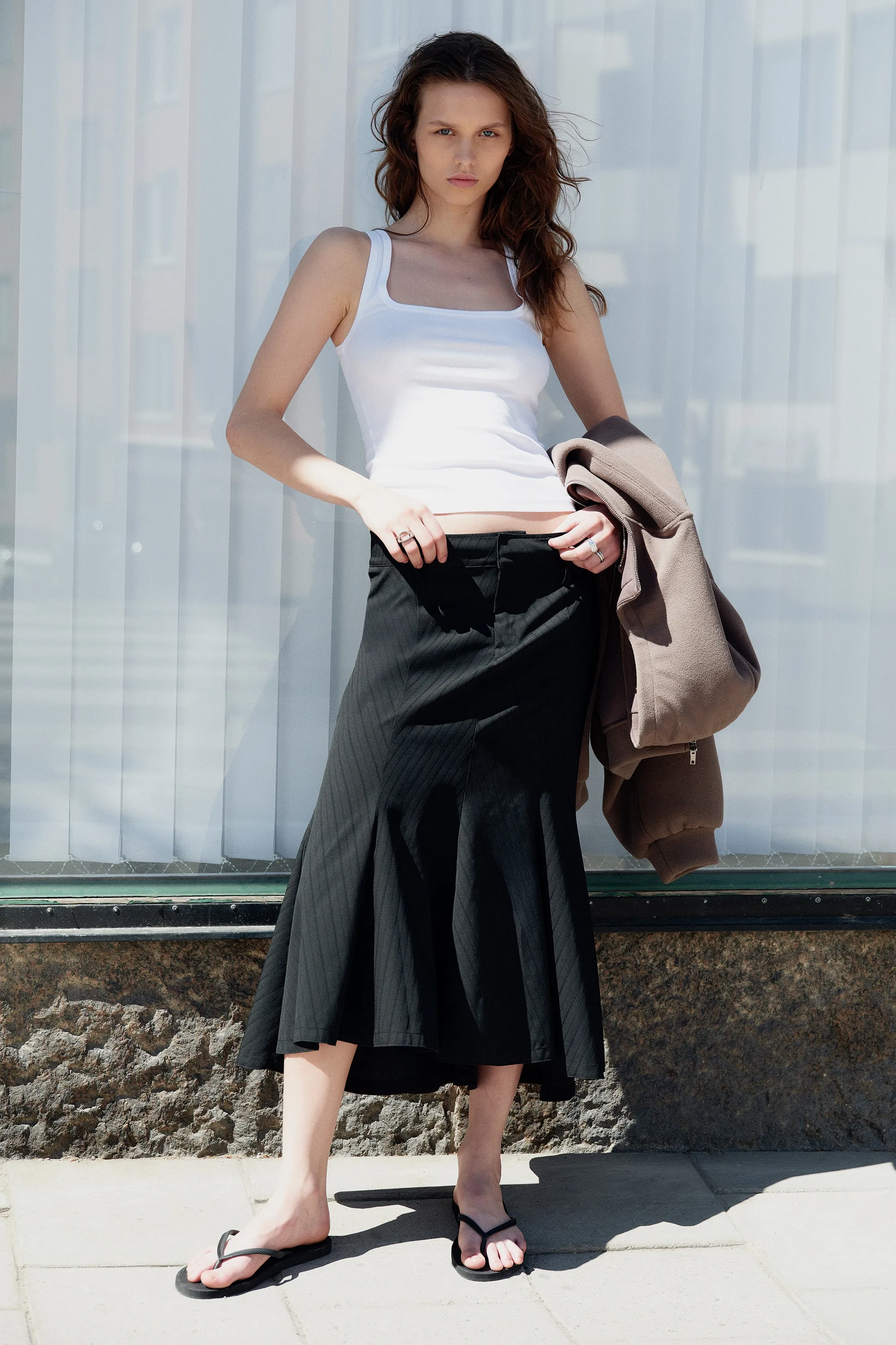 Jupe midi en coton effiloché - Noir