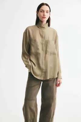 Chemise oversize à col droit - Vert kaki — photo 3