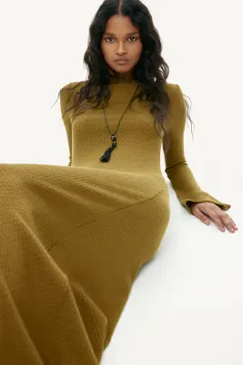 Robe maxi en maille texturée - Vert olive — photo 1