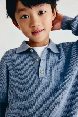 Pull loose façon polo en coton - Bleu ancien clair — photo 1