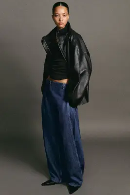 PANTALON BARREL EN DENIM À PANNEAU PLISSÉ - BLEU — photo 5