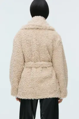 Manteau en tissu Teddy bear avec ceinture à nouer - Beige — photo 4