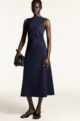 ROBE MIDI EN JERSEY DE COTON À TAILLE FRONCÉE - BLEU MARINE — photo 4