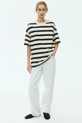 T-shirt oversize - Beige clair/rayé — photo 2
