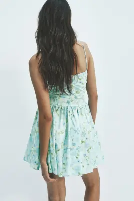 Robe ruchée en coton - Turquoise clair/fleuri — photo 2