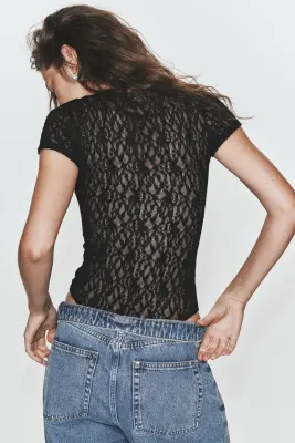 Body à manches courtes en dentelle - Noir — photo 2