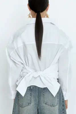Blouse avec détail à nouer - Blanc — photo 3