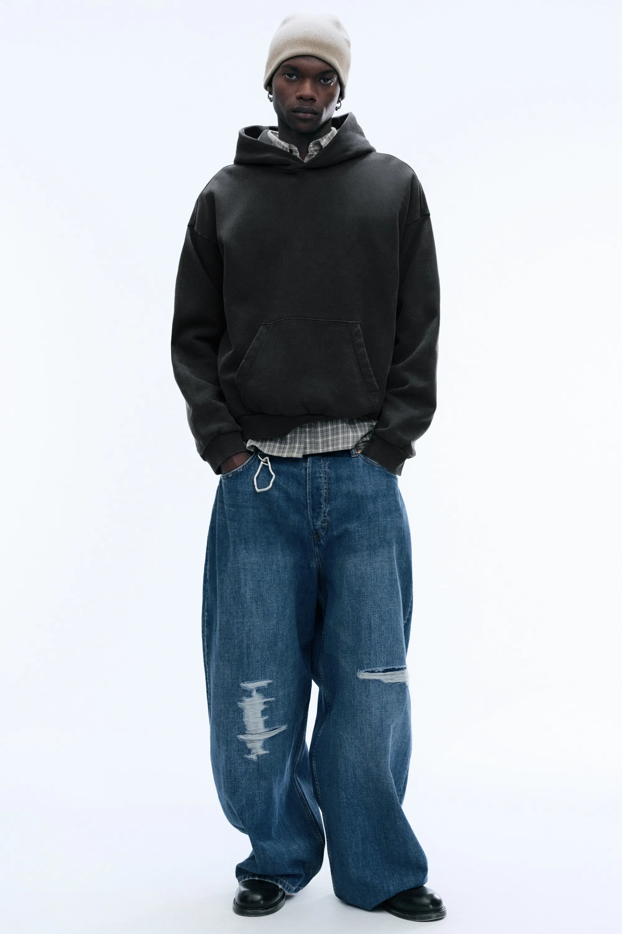 Sweat à capuche ample en coton lourd - Noir